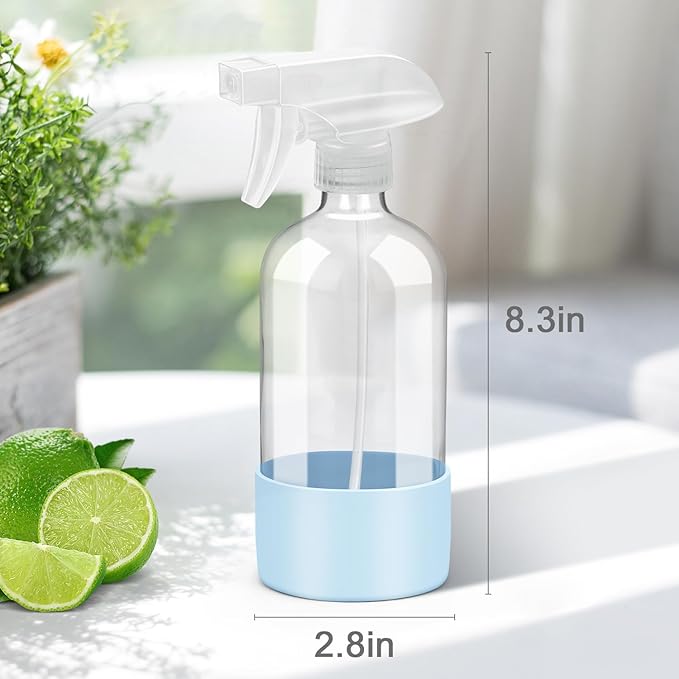Rionisor Glass Spray Bottles with Silicone Sleeve Protection, Empty 16 oz Refillable Containers, Reusable Spray Bottles with Adjustable Nozzle for Hair, Cleaning Solutions, 3 Pack Blue