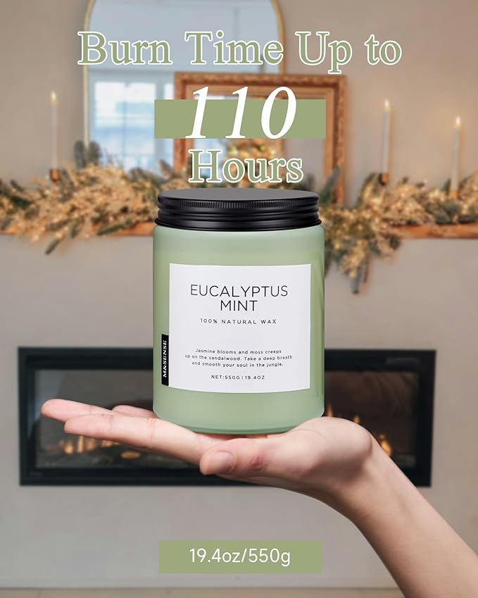M&SENSE Eucalyptus & Mint Candles Home Scented, Natural Non Toxic Soy Candle, 19.4oz 110H Long Lasting Aromatherapy Candle for Stress Relief, Meditation, Spa, Relaxing Gifts for Men Women