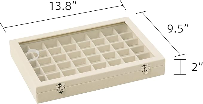 Frebeauty 48 Grid Jewelry Tray,Adjustable Earring Holder Organizer with Glass Lid,Velvet Drawer Jewelry Organizer for Rings,Studs,13.8 x 9.5 x 2 Inches Jewelry Display Box,Gift for Women(Beige)