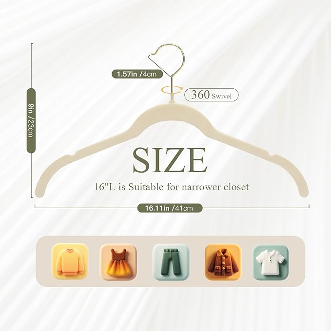 Korpai 50 Pack Beige Velvet Hangers, Non Slip,Durable,Slim Hangers Space Saving,Felt Hangers with Gold 360°Swivel Hook for Coats,Strappy Dresses,Shirts,Sweater ect