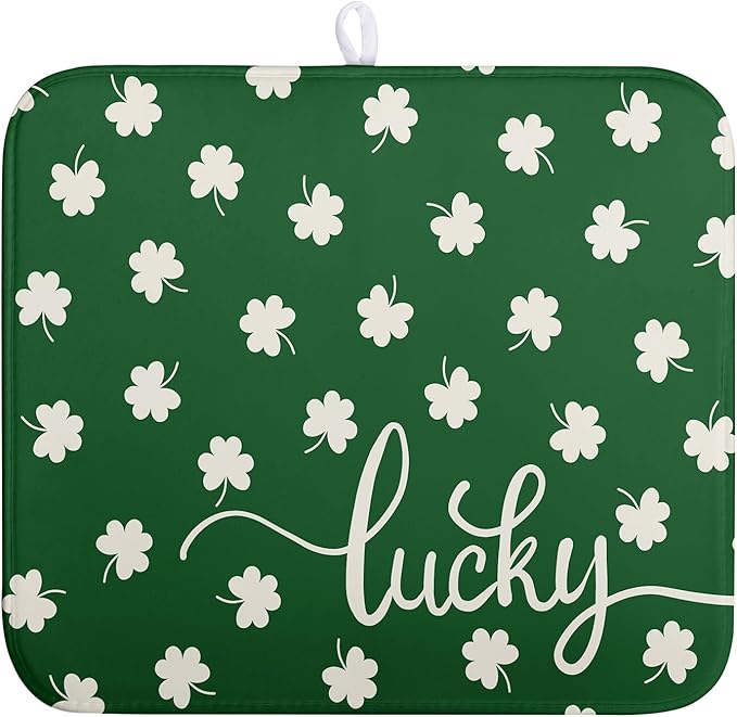 Wnoesat St Patrick Shamrock Drying Mat for Kitchen Counter Green White Lucky Clover Drying Dish Mat St Patricks Day Absorbent Microfiber Dish Drying Pad Reusable Dry Mat 16 x 18 Inch