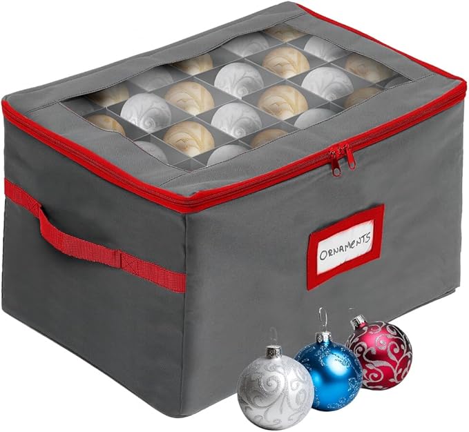 HOLDN’ STORAGE Christmas Ornament Storage Box with Dividers - Fits 96-3” Ornaments, 4 Removable Trays, Durable & Space-Saving, Clear Top Lid, Convenient Storage Designed, Grey