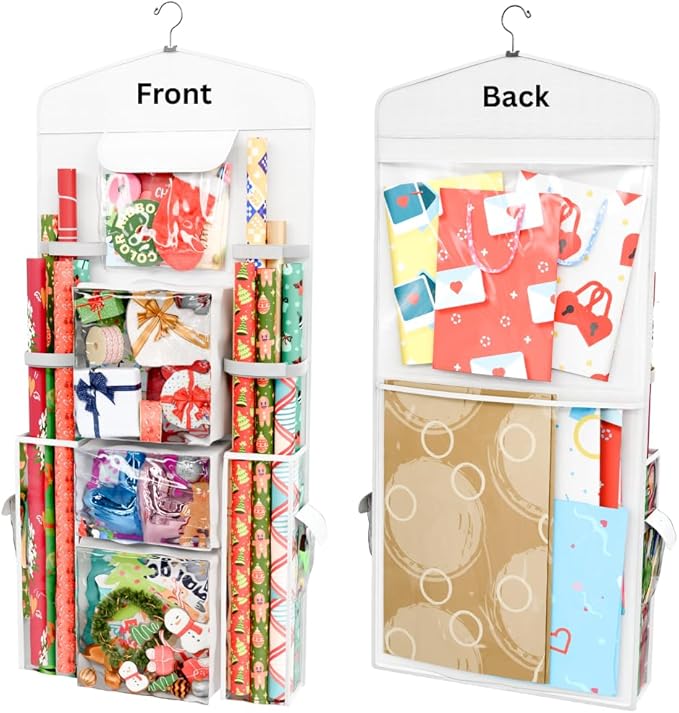 ProPik Hanging Double Sided Wrapping Paper Storage Organizer With Multiple Front And Back Pockets Organize Your Gift Wrap & Gift Bags Bows Ribbons 40”X17" Fits 40 Inch Rolls (White)