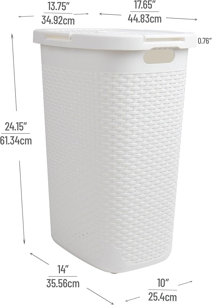 Mind Reader Slim Laundry Hamper with Lid, 60L Clothes Basket, Premium Wicker Design, Plastic, White