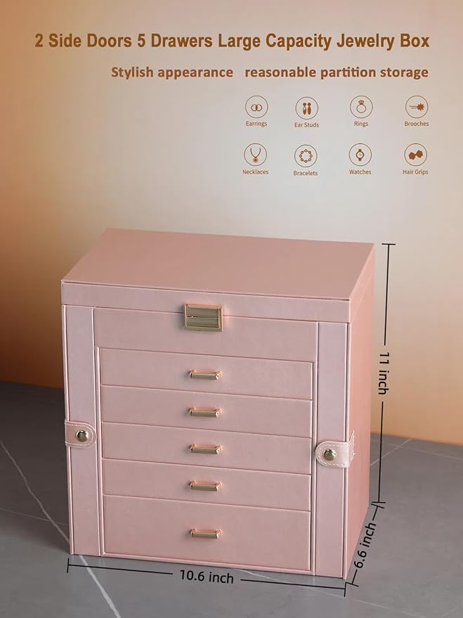 BOOVO Jewelry Box For women, 6 Layer Large Jewelry Organizer With Mirror, Multi-Function Storage Box With Lock, Necklace Holder With 5 Drawers, For Earrings Necklace Bracelet (Rose Gold and Gold)