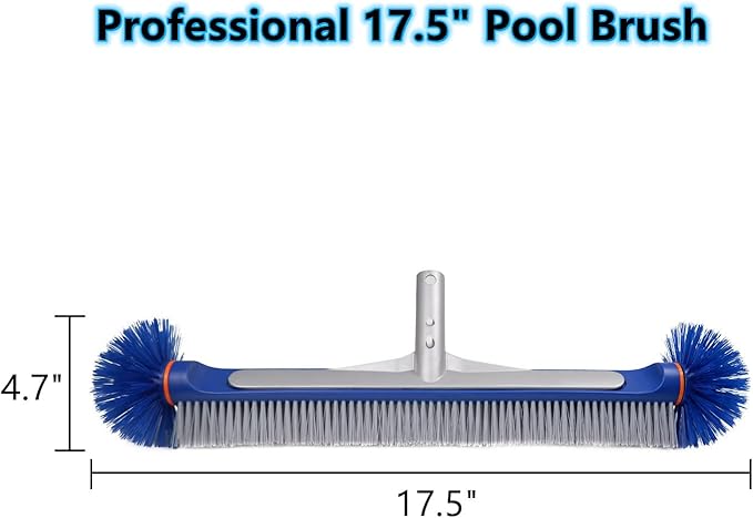 Poolvio Professional 17.5" Floor & Wall Pool Cleaning Brush with Tough Around Nylon Bristles, EZ Clip Aluminum Handle- Easily Sweep from Walls, Floors, Steps