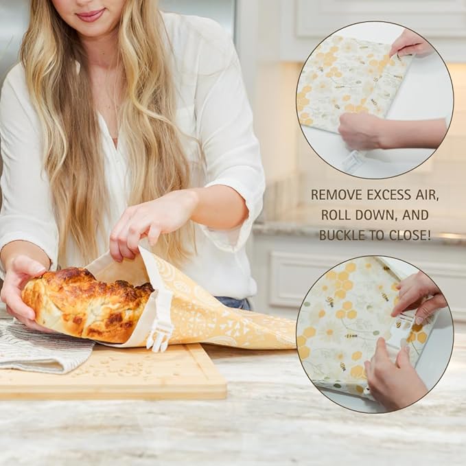 Reliable Rhodes Reusable Beeswax Bread Bag 2 Pack –12x17 Bread Bag for Homemade Sourdough, Beeswax Coated Organic Cotton Storage Bag for Loaf Baguette, Freezer Safe, Eco-Friendly Wrap Honeybee