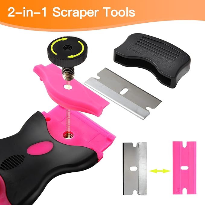 Razor Blade Scraper Tool, Cleaning Scraper Tool with 20Pcs Metal & Plastic Razor Blades, Multi-Purpose Razor Glass Scraper for Windows,Decals,Stickers,Labels,Adhesive,Cooktop,Paint Removal, Pink