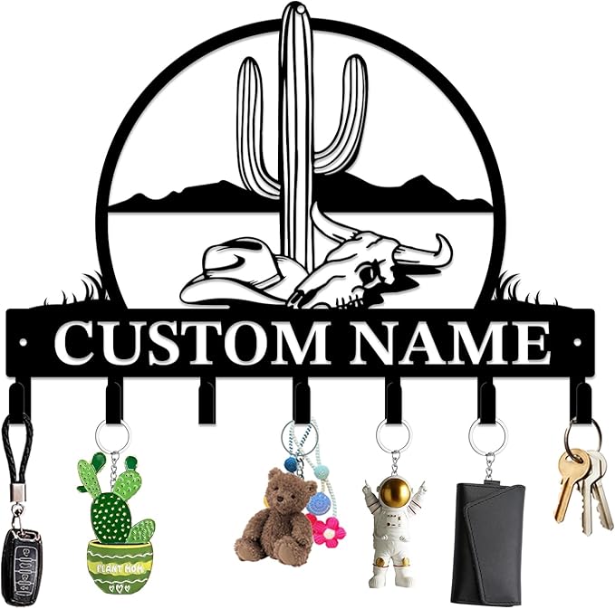 Personalized Custom Name Cactus Wall Keys Hooks,Metal Cactus Art Clothes Hooks,Metal Cactus Lover Wall Home Storage Decorative,For Front Door, Hallway, Kitchen, Bedroom,Keys,Hats (Style I)