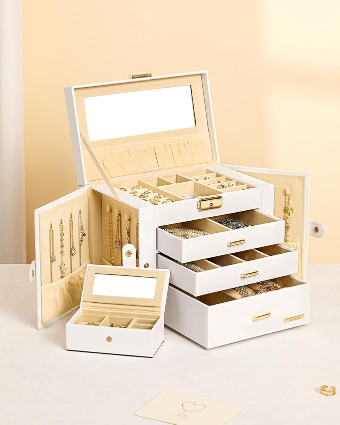 Homde 2 IN 1 Jewelry Box for Women Girls with Small Travel Case Mirror Necklace Ring Earrings Organizer(White + Gold)