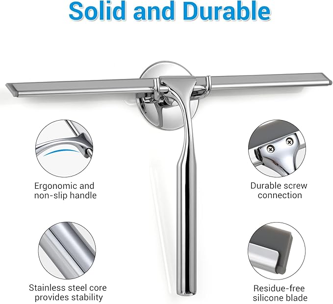 Shower Squeegee for Glass Doors, 12" Stainless Steel Squeegees for Shower Doors, Bathroom, Window and Car Glass, All-Purpose Cleaning Squeegee with Matching Hooks Holder, 1 Replacement Squeegee Blade