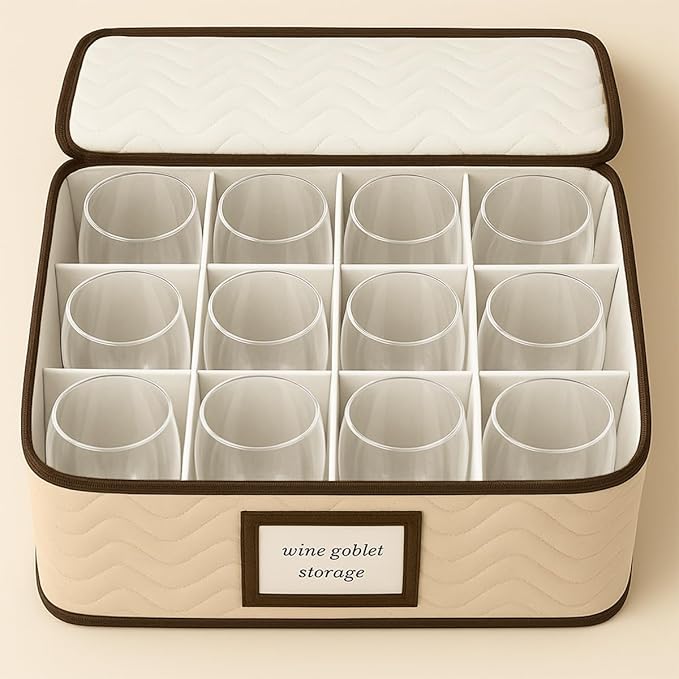 Wine Glass Storage Box with Dividers - Stemware Storage Case, Durable Quilted Microfiber Bin with Carry Handles, Protects Fine China - (1 Pack, Red Wine Glass)