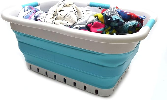 SAMMART 41L (10.8 gallon) Set of 2 Collapsible 3 Handled Plastic Laundry Basket-Foldable Pop Up Storage Container/Organizer-Space Saving Hamper/Basket (2, Grey/Bright Blue)