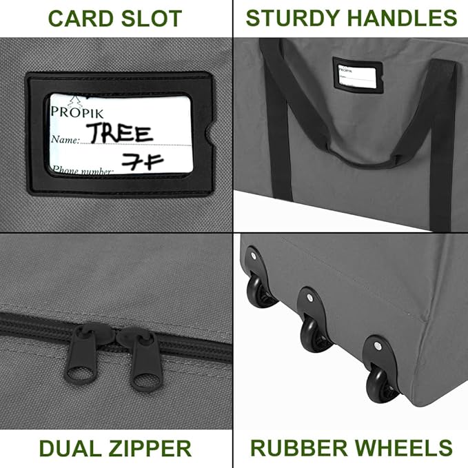 ProPik Christmas Rolling Tree Storage Bag, Fits Up to 9 ft. Tall Disassembled Holiday Tree, 28" X 16" X 60", Extra Large Heavy Duty Storage Container with Wheels, Front and Side Handles (Gray)