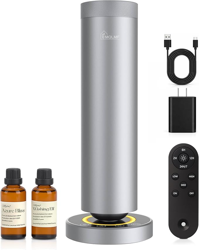 Waterless Diffuser,1500 Sq Ft,Ring Ambient Light,Rechargeable Wireless, Aluminum,Remote Control&Touch Buttons,Adjustable Fragrance Intensity&Timer,Hotel Collection Scent Machine - Silver