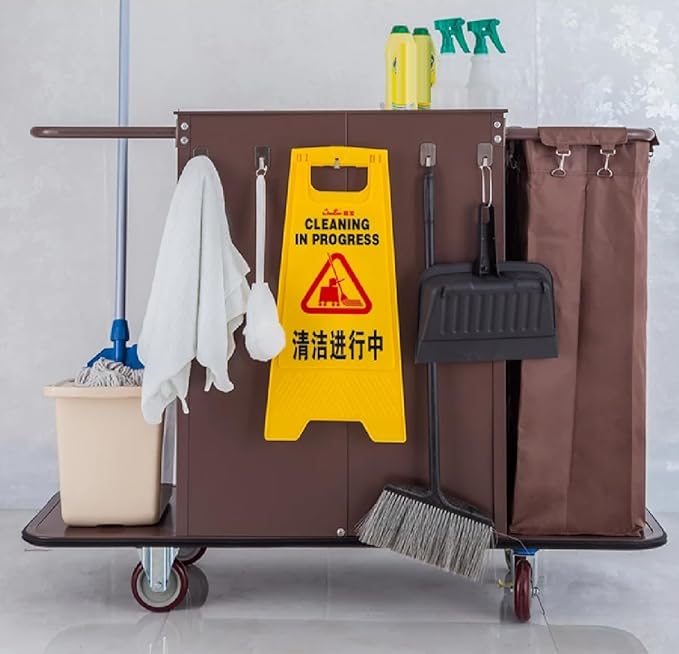 Multifunctional Housekeeping Caddy, Compact Service Trolley, Hotel Cleaning Cart with Removable Canvas Bags & Locking Wheels for Housekeeping Hotels Apartment,001