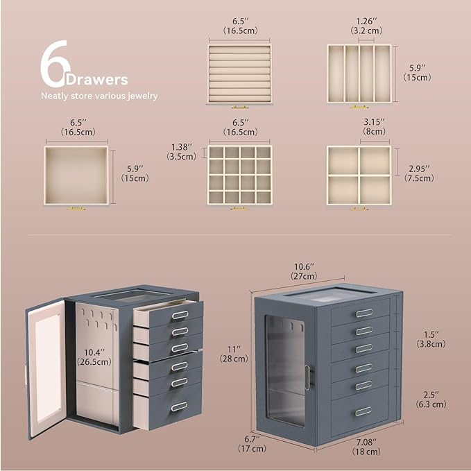 Jewelry Boxes for Women, 6 Layer Jewelry Organizer with Glass Lids, Jewelry Holder Organizer with 5 Drawers and 2 Glass Doors for Jewelry Storage, Big Jewelry Box for Womens Gift (Grey)