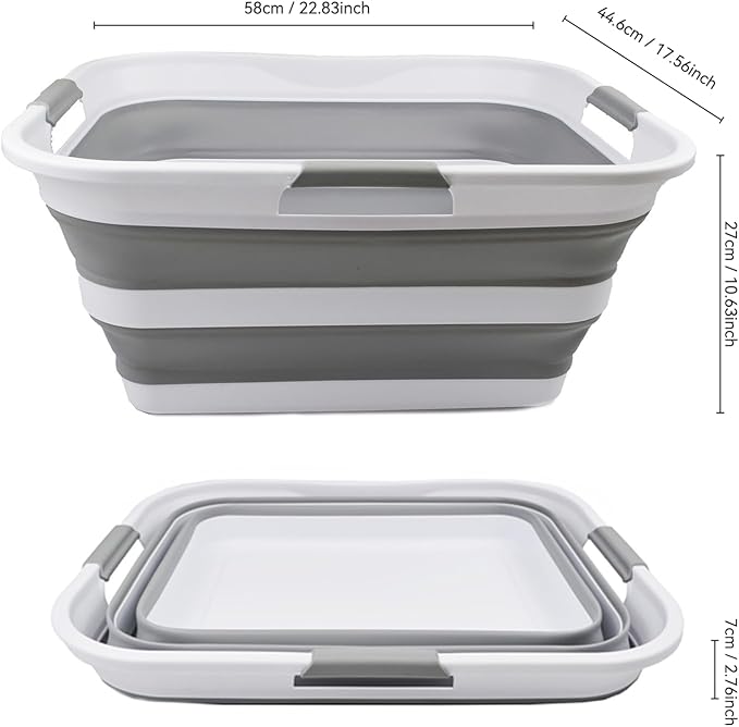 SAMMART 42 (11 Gallons) Collapsible Plastic Laundry Basket, Foldable Pop Up Storage Container/Organizer, Space Saving Hamper, Portable Bin for Dorm Room Bathroom (2, White/Grey)