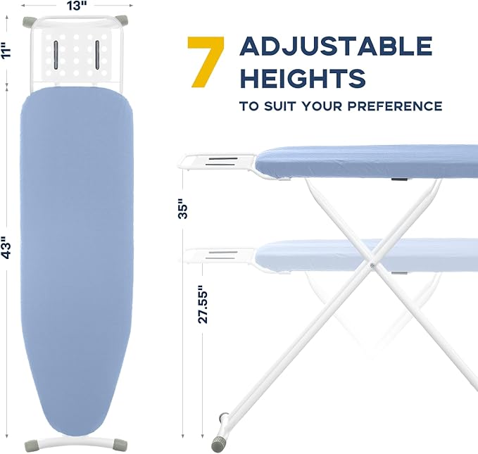 RAINHOL Full Size Ironing Board with Iron Rest, Heavy Duty Compact Ironing Board 43"x13" with Thick Cover and Pad, Height Adjustable Sturdy Iron Stand, Blue