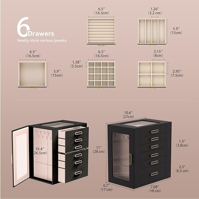 Jewelry Boxes for Women, 6 Layer Jewelry Organizer with Glass Lids, Jewelry Holder Organizer with 5 Drawers and 2 Glass Doors for Jewelry Storage, Big Jewelry Box for Womens Gift (Black)