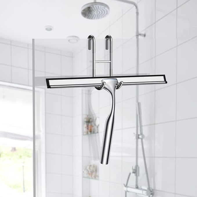 Shower Squeegee for Glass Door Stainless Steel Bathroom Squeegee Window Wiper, Includes Shower Door Hook, Adhesive Hook, and Spare Silicone Blade for Window Mirror Car 12-Inch