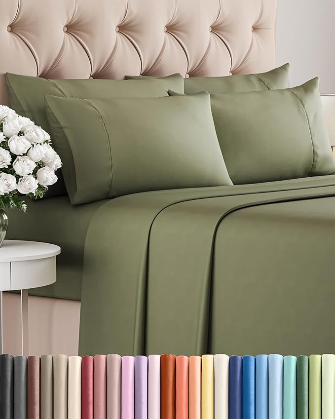Cal King 6 Piece Sheet Set - Comfy Breathable & Cooling - Soft Hotel Luxury Bedding Set with 8-16 Inch Deep Pockets - 1 Flat & 1 Fitted Sheet & 4 Pillowcases - Wrinkle Free & Easy Care - Sage Green