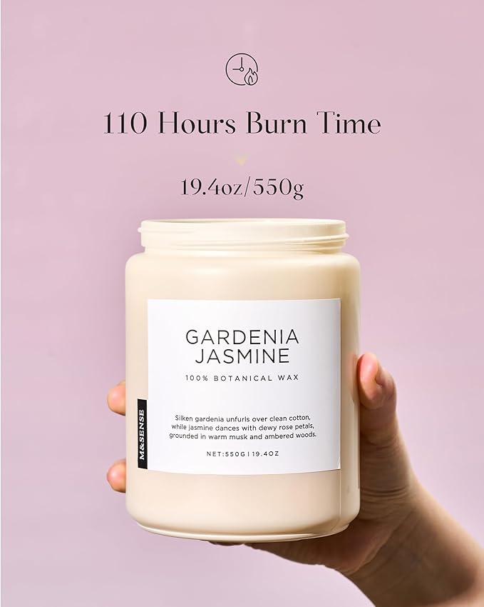 M&SENSE Gardenia Jasmine Scented Candle, 110 Hours Slow Burning Clean Non Toxic 19.4oz 2 Wicks Aromatherapy Candle for Housewarming Gifts, Long Lasting Fragrance for Bath & Office