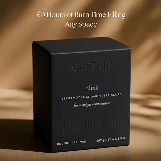 CAFTARI Luxury Aromatherapy Candle | Bergamot, Mandarin & Tea Accord Scented | 60 Hour Burn | Clean Coconut Soy Wax | Vegan, Gift-Ready Candle for Uplifted Mood, Energy & Home Spa Feel | Elixir