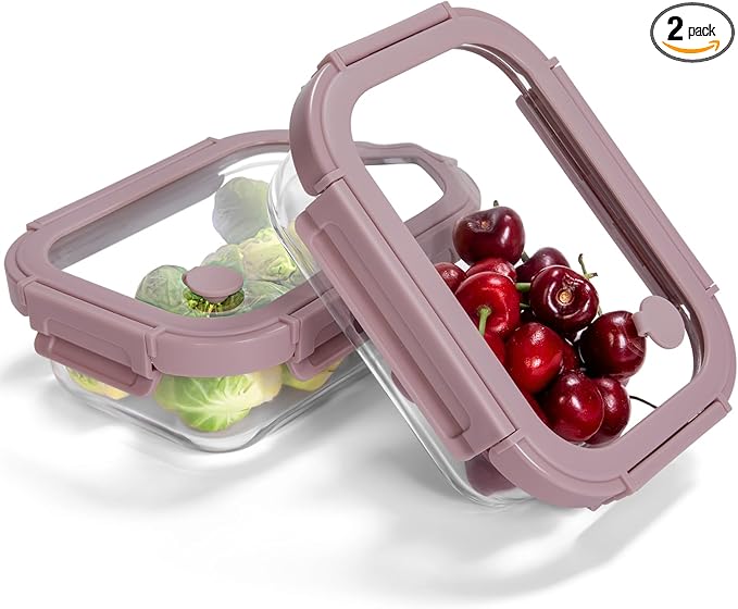 BOROHOUSE 2-Pack Glass Food Storage Containers with Tempered Lids (21.3oz/2.7cup) - Airtight Snap Lock, Microwave & Oven Safe (-4℉~ 950°F), Freezer to Baking Dish, BPA-Free, Gift Box (Pink)