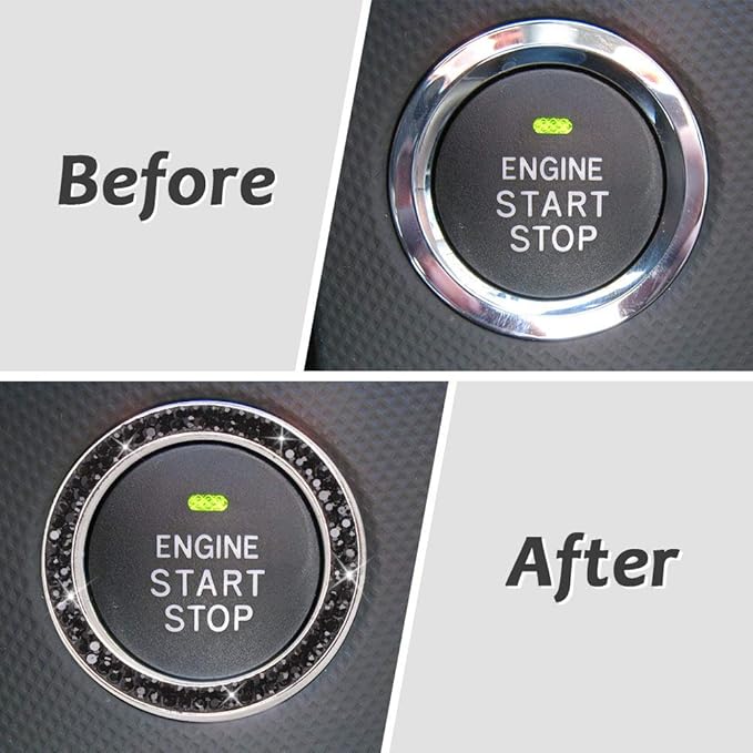 ToBeQueen Bling Car Crystal Rhinestone Ring Emblem Sticker, Car Interior Decoration, Bling Car Accessories for Women, Push to Start Button, Key Ignition Starter & Knob Ring (Black)