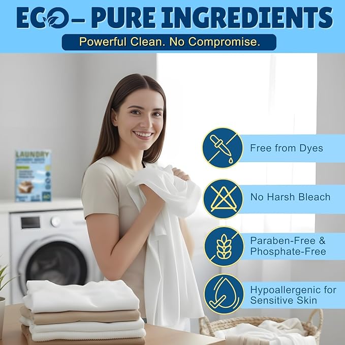 Eco-Friendly Laundry Detergent Sheets, 60 Loads (30 Sheet) Fragrance Free Laundry Sheets Detergent, Concentrated Washer Detergent, Plastic Free Travel Laundry Detergent