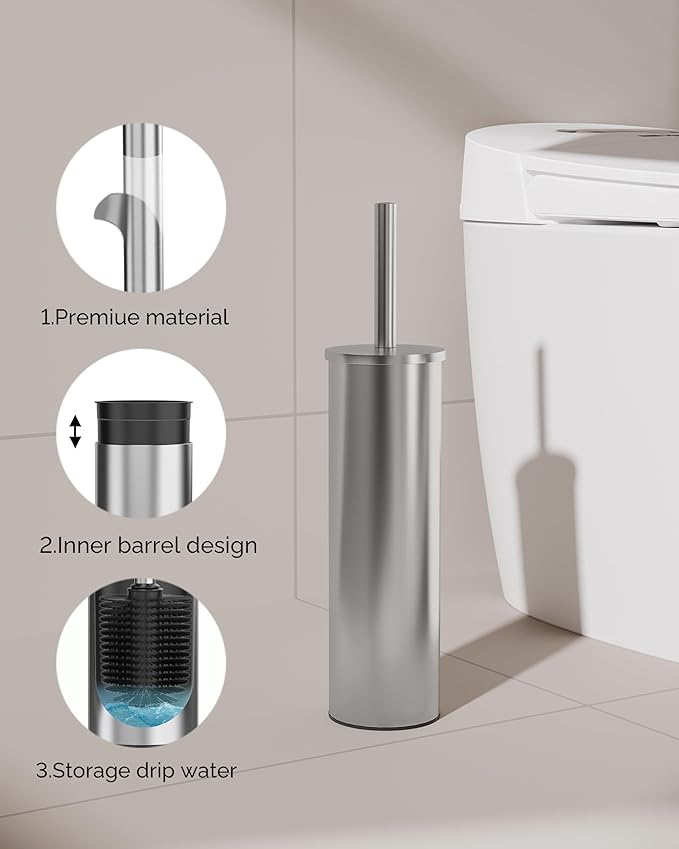 WZKALY Toilet Brush and Holder Set, Stainless Steel Toilet Bowl Brush with Lid, Rust Proof Toilet Cleaner Brush with Caddy, Durable Bristles, Splash Proof, Ideal for Bathroom (1 Pack, Brushed Nickel)