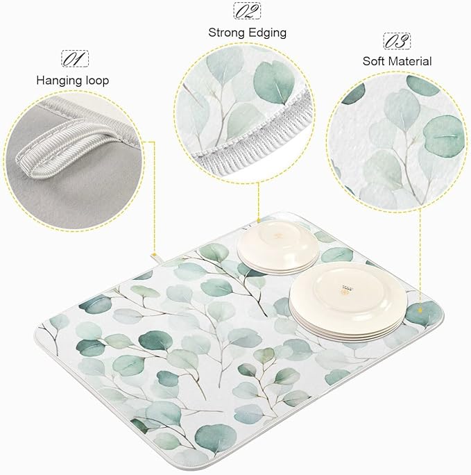 Green Leaves Dish Drying Mat 18x24 for Kitchen Counter Watercolor Herbs Women Pioneer Kitchen Drying Mats Dishes Pad Absorbent Fast Dry Dish Draining Mats Large Kitchen Accessories
