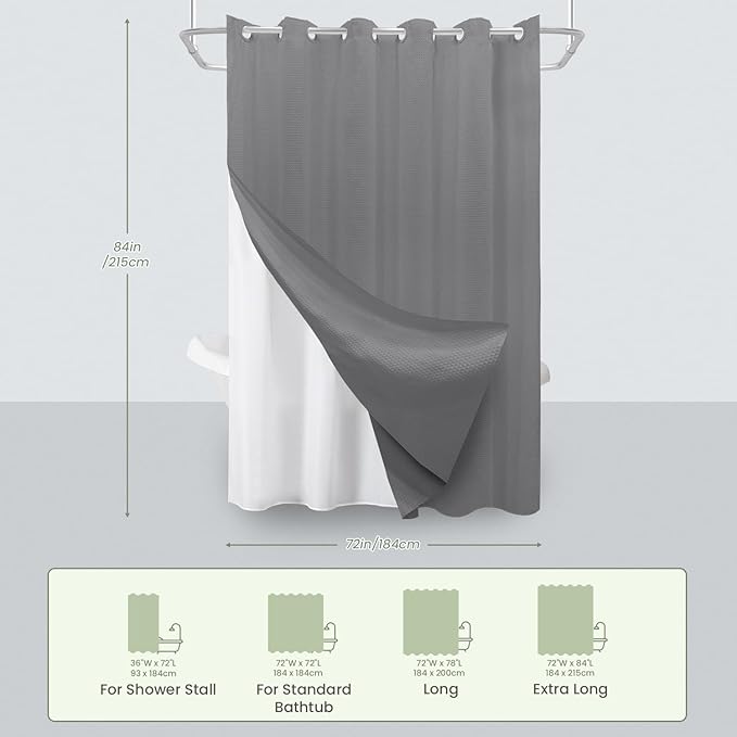 Inhousolu No Hook Waffle Weave Shower Curtain with Removable Snap in Fabric Liner Set for Bathroom, 230 GSM Heavy Duty Weighted Hem, Water Repellent Washable Bath Curtains, 72 x 84 Inch, Grey