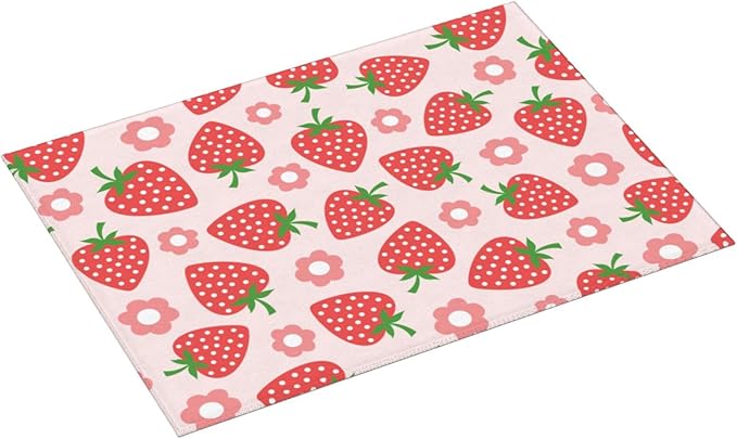 Pink Strawberry Dish Drying Rack Mat for Kitchen Counter XL, Cute Flower Dish Drying Pad Absorbent Reversible Microfiber Protector for Coffee Bar Sink Countertops 18x24 Inch