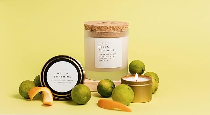 Slow North Hello Sunshine Candle - Essential Oils and Pure Soy Wax Candle in a Reusable Frosted Glass Jar - A Unique and Mindful Scented Candle Hand-Poured in The USA (8 oz)