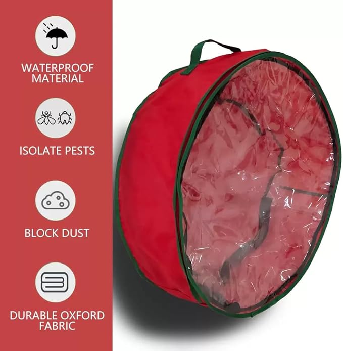 Weatherproof Life Ring Storage Bag – 30 Inch Christmas Wreath Storage Bag,Christmas Wreath Storage Container with Transparent Window and Handles, Festive Decoration for Home use, Moving