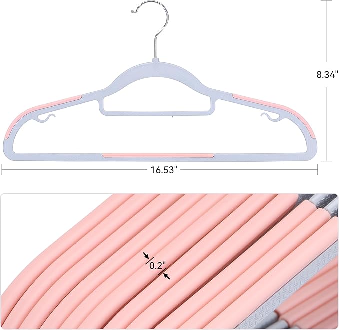 Pack of 50 Coat Hangers, Space-Saving Plastic Clothes Hangers, Non-Slip, 0.2 Inches Slim, 360° Swivel Silver Hook for Shirts, Pants, Suit & Wet/Dry Garments, Pink and Dark Gray