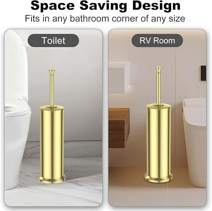 Gold Toilet Brush and Holder，Long Handled Gold Toilet Brush for Bathroom，Stainless Steel Heavy Duty Toilet Bowl Brush,Removable Inner Bowl,Deep Cleaning Dense Bristles Cleaner Brush -Space Saving