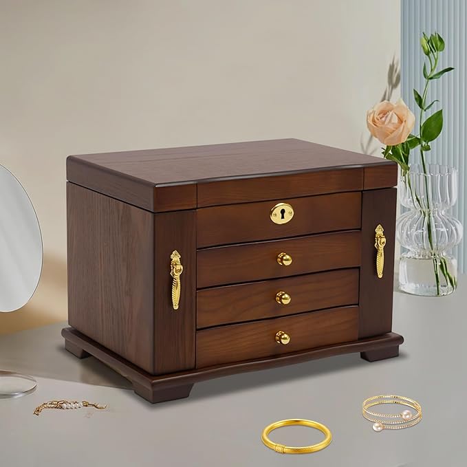 Large Wooden Jewelry Box with Mirror and Lock, 4 Layers Locking Jewelry Organizer, Watches Necklace Ring Storage Box for Women
