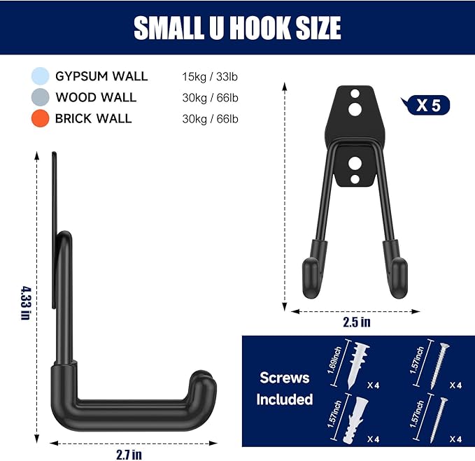 Garage Hooks Heavy Duty 6 Pack, 2.7inch U Shaped Garage Storage Hooks with Extension Cord Organizer, Wall Mount Storage Hangers for Hanging Garden Tools, Ladders, Hose, Bikes
