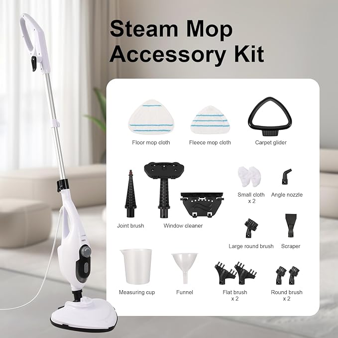 11-in-1 Steam Mop, 1550W Powerful Handheld Steam Cleaner, 260°F Multi-Functional Floor Steamer with 21.3FT Cord for Floors, Hardwood, Tiles, Grout, Windows, Kitchen, Bath, Adjustable (White)
