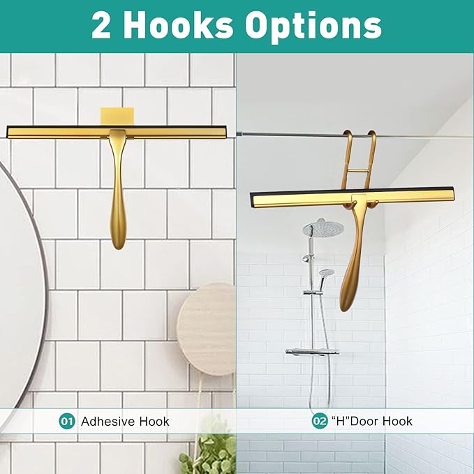 steauty Shower Squeegee for Glass Doors,12-Inch Shower Glass Squeegee, Gold Shower Squeegee for Shower Doors,Mirror,Windows, with Shower Door Hook and Adhesive Hook