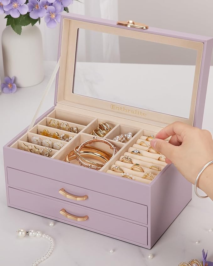 Jewelry Box with 2 Drawers: Jewelry Display Organizer for Earrings Necklaces - Gifts for Girls Women (Grey Purple)