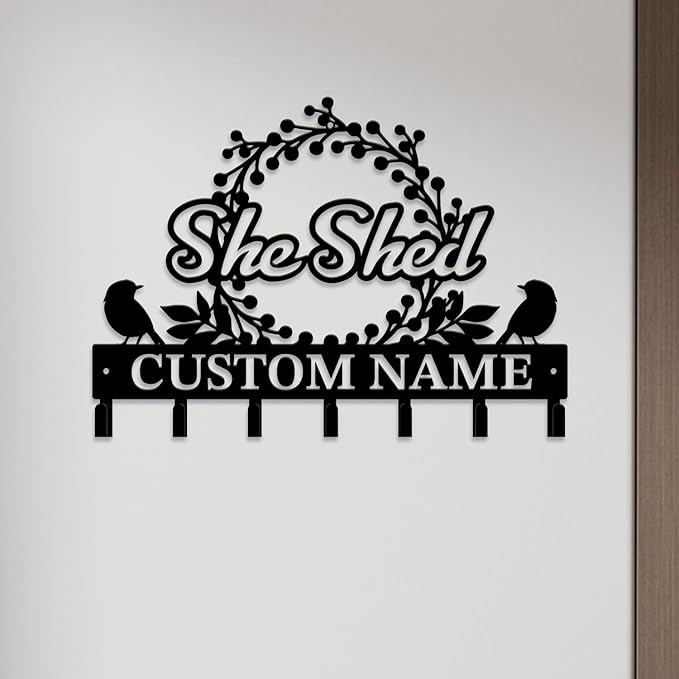 Personalized She Shed Metal Keys Hooks,Custom Name Metal She Shed Keys Hooks,Black Metal She Shed Wall Home Storage Decorative Keys Hooks,Key Holder Hooks for Wall (Style D)