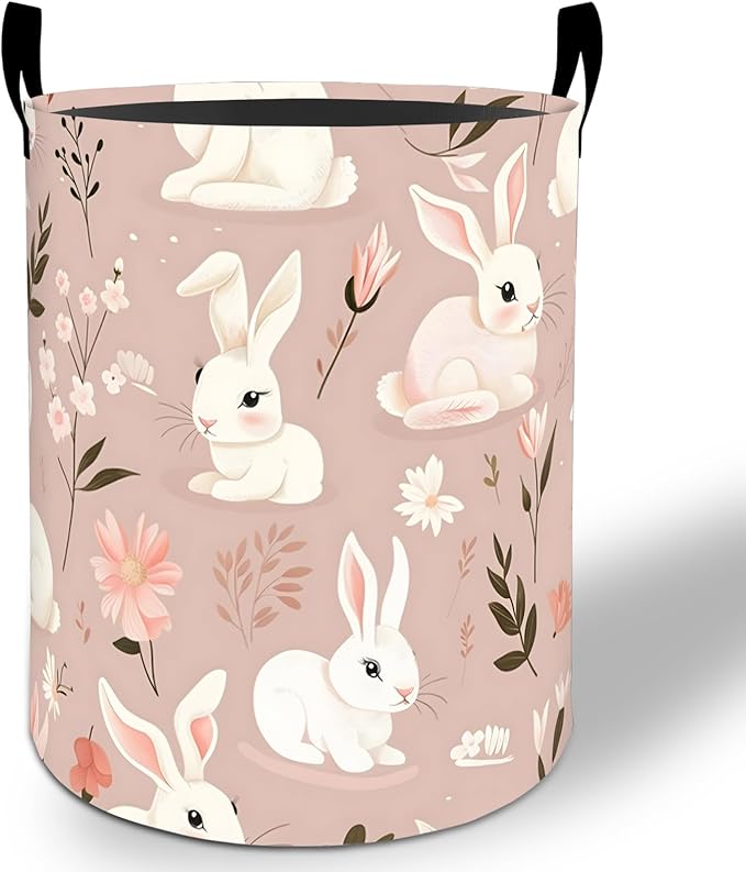 Cute Bunny Laundry Basket Hamper 19.7"x15.8", Pink Rabbit Foldable Waterproof Oxford Clothes Storage Bucket for Room Bathroom Bedroom Nursery Decor, Toy Organizer Bins Gifts for Kids Boys Girls