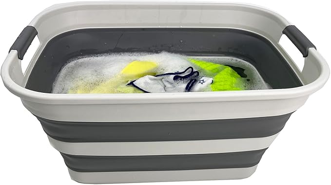SAMMART Set of 2 Collapsible Plastic Laundry Basket - Foldable Pop Up Storage Container/Organizer - Portable Washing Tub - Space Saving Hamper/Basket (Grey/Steel Grey, 27L)