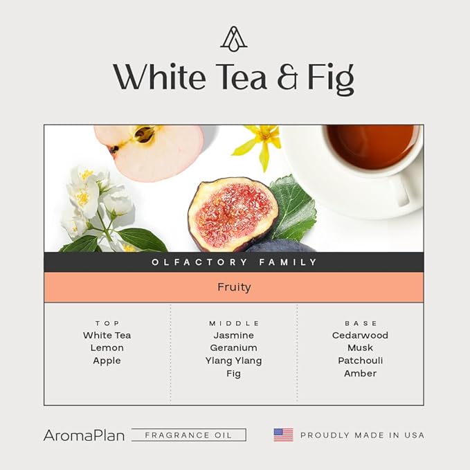 AromaPlan Hotel Scents White Tea & Fig 5 Fl Oz (148ml), Home Luxury Aroma & Hotel Fragrance Diffuser Oil- Hotel Diffuser Oil for Aromatherapy- USA Made, Bigger Bottle, Bolder Aroma & Longer Lasting