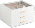 Frebeauty Clear Lid Jewelry Box,3-Layer Jewelry Organizer with Drawer,PU Leather Jewelry Organizers and Storage,Jewelry Boxes for Women,Jewelry Storage for Rings Earring Stud,Gift for Women(White)
