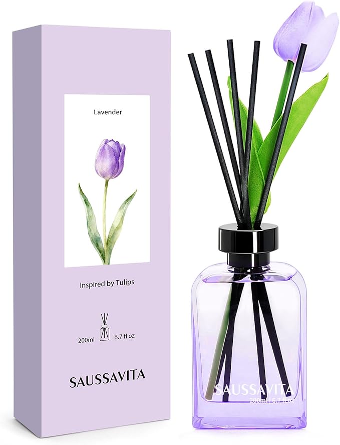 Reed Diffuser Set with Tulip Flowers Vintage Square Bottle Lavender Scent, Reed Diffusers 6.76 fl oz for 120 Days Narrow Spaces, Flower Reed Diffuser Long Lasting for Bathroom, Office, Shelf Decor
